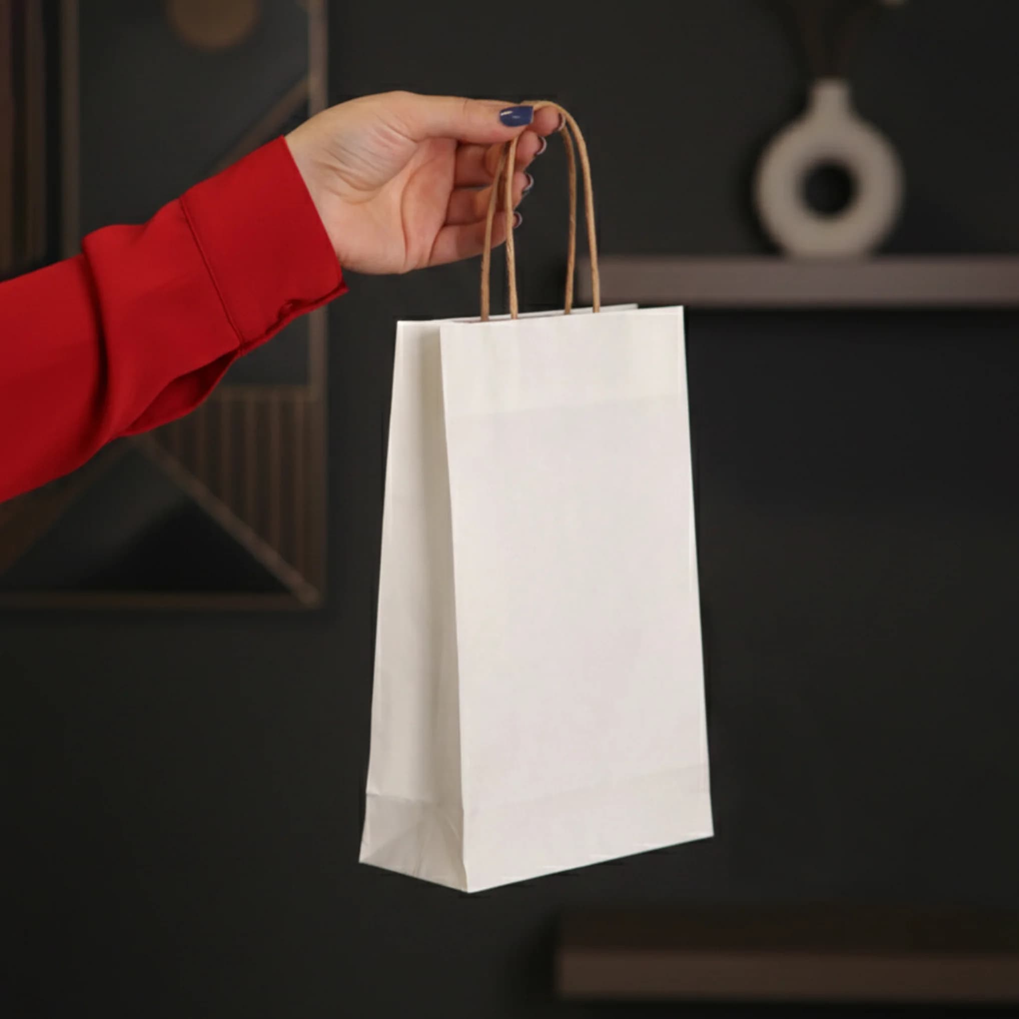 ساک دستی کاغذی کرافت سفید 25×16 با بند کاغذی هلالی