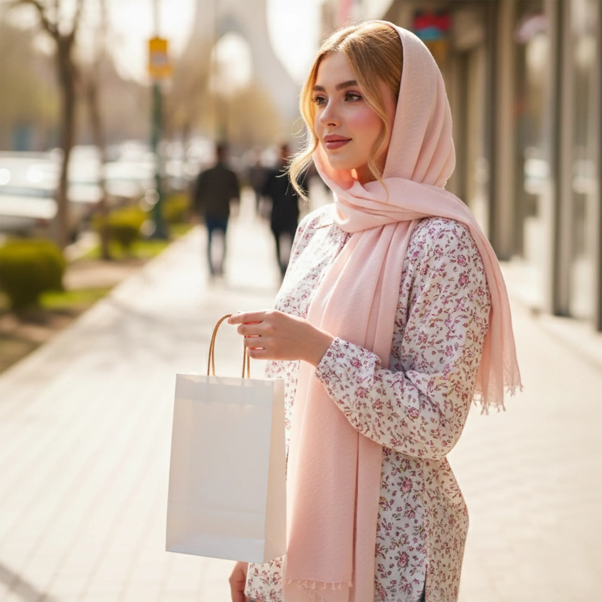 ساک دستی کاغذی کرافت سفید 25×16 با بند کاغذی هلالی