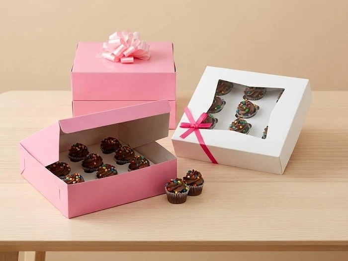 ایده بسته بندی کیک خانگی برای فروش در جعبه هدیه‌ای پنجره‌دار مناسب مینی‌کیک و شیرینی
