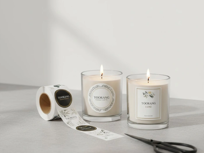 نمونهای از بستهبندی شیک شمعهای دستساز با لیبل جذاب