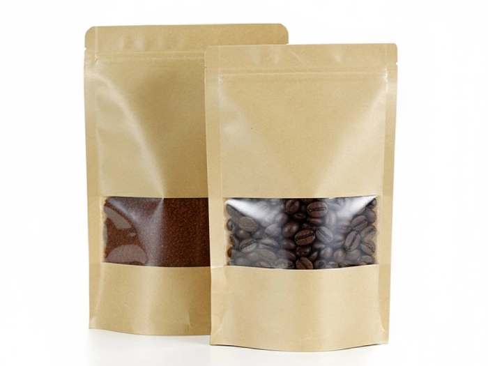 پاکت پنجره دار ایستاده دانه های قهوه و پودر قهوه