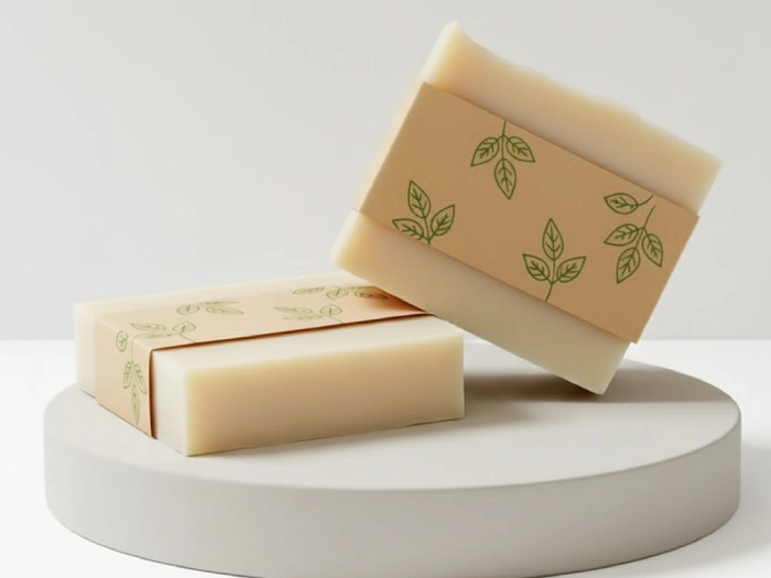 دو صابون دست ساز پیچیده در کاغذ کرافت طرح دار