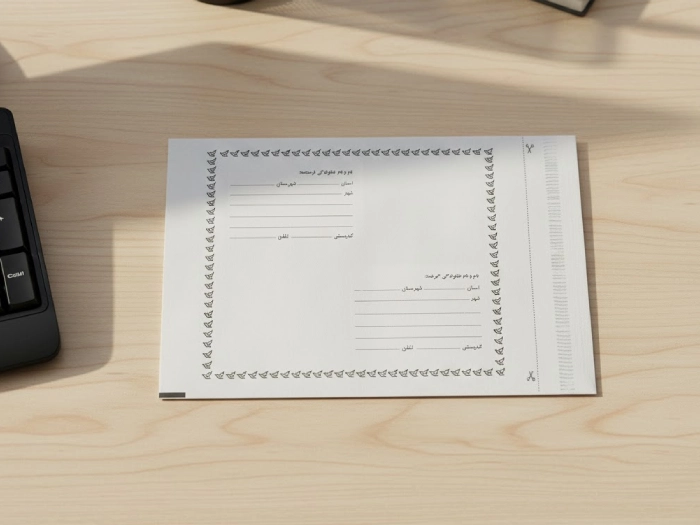 پاکت فلایر روی میز در کنار کیبورد