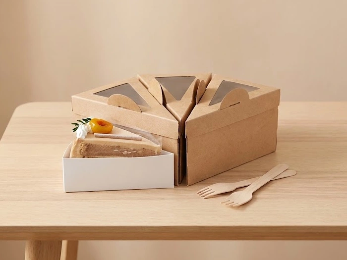 ایده بسته بندی کیک خانگی برای فروش در جعبه مثلثی مخصوص برش کیک