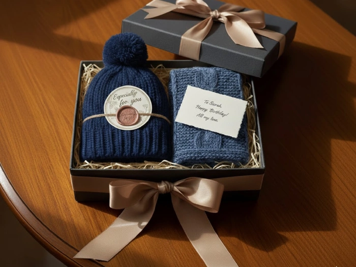 بسته بندی شال و کلاه برای هدیه تولد یا سالگرد
