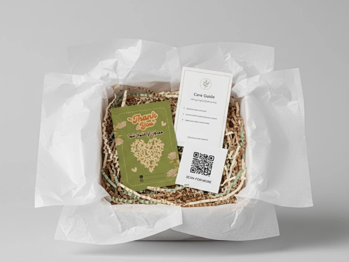 پاکت بسته بندی شده باز شده به همراه پوشال و کارت تشکر