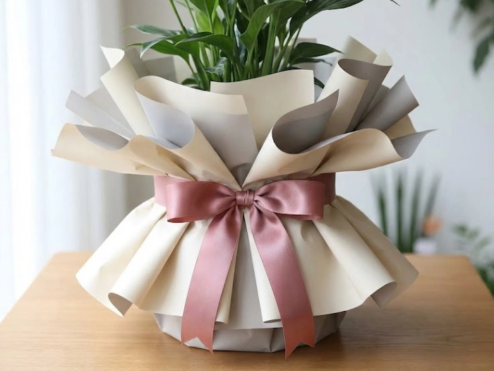 تزیین گلدان گل طبیعی با کاغذ کادو چند لایه و پرحجم