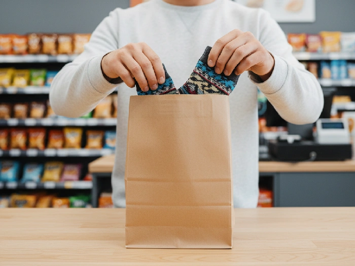 قرار دادن جوراب در پاکت کرافت بدون دسته