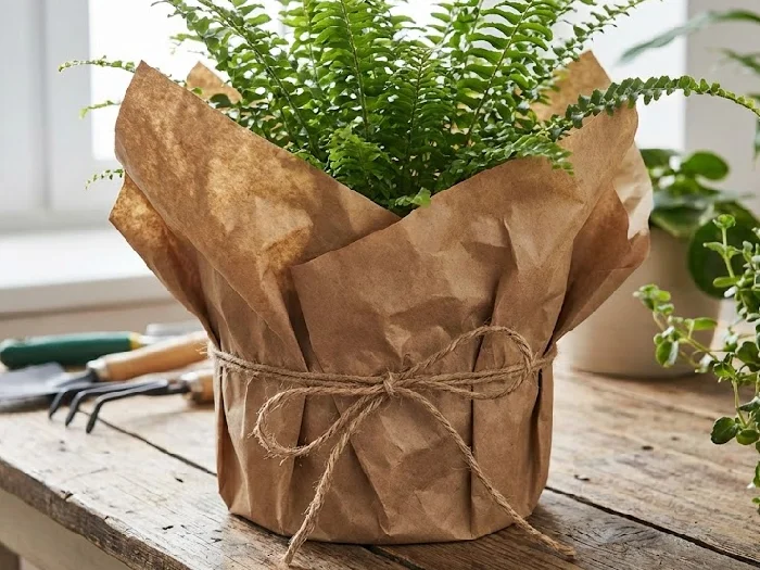 تزیین گلدان گل طبیعی با کاغذ کادو کرافت
