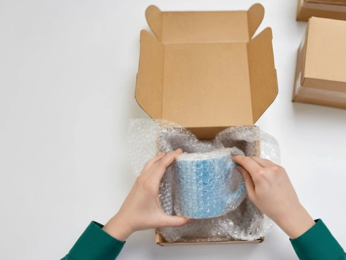 لیوان آبی پیچیده شده در نایلون حباب دار قرار گرفته در جعبه کیبوردی