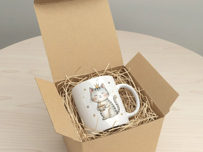 ماگ با طرح گربه درون جعبه کارتنی که با پوشال پوشیده شده است