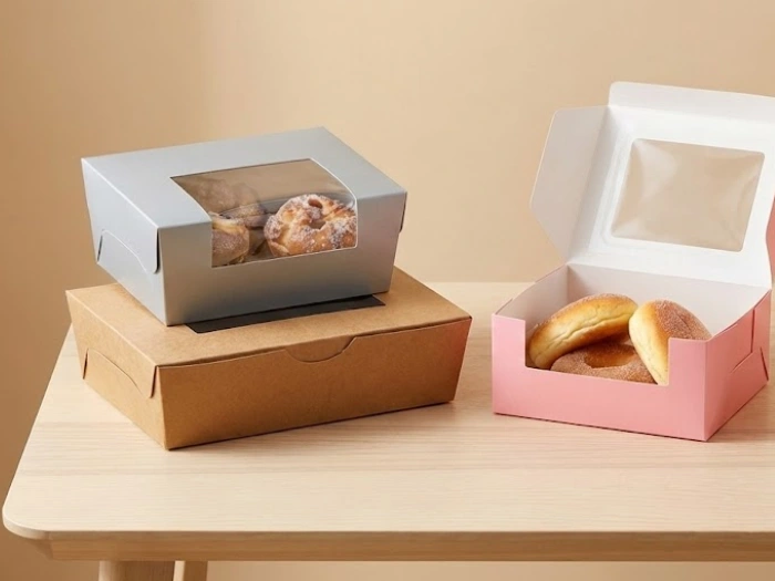 ایده بسته بندی کیک خانگی برای فروش در جعبه مقوایی پنجره‌دار مناسب دونات و کیک صبحانه