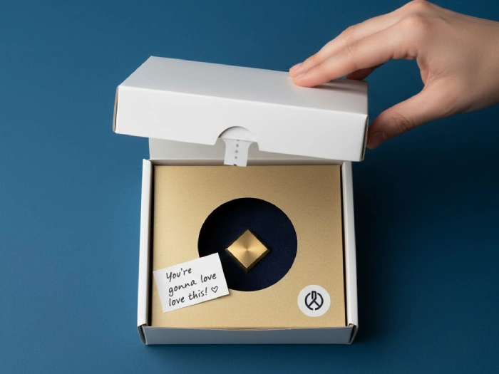 جعبه کیبوردی سفید به همراه محصول و متن تشکر به صورت دست نوشته