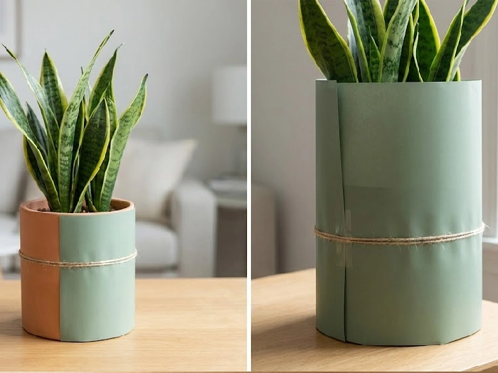 تزیین گلدان گل طبیعی با کاغذ کادو ساده و استوانه ای