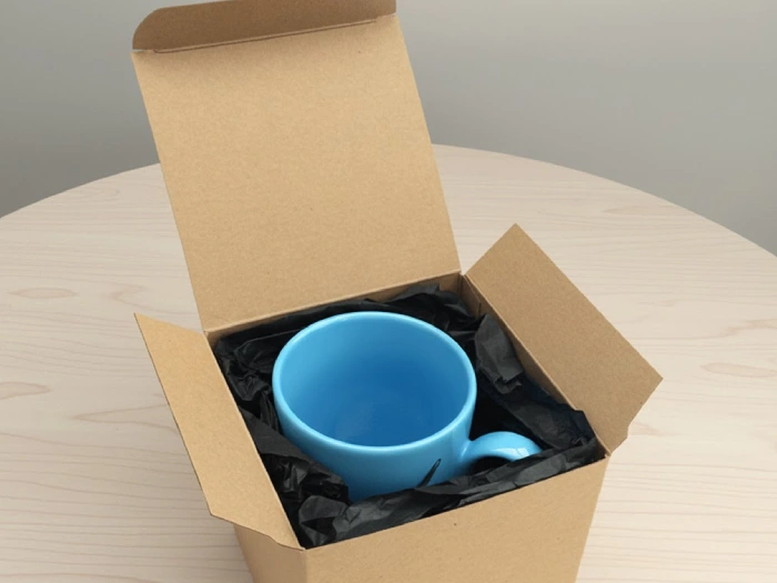 ماگ آبی رنگ درون جعبه کارتنی