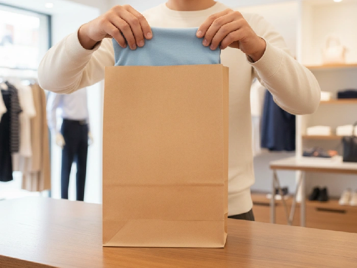 قرار دادن پیراهن آبی در پاکت کرافت بدون دسته