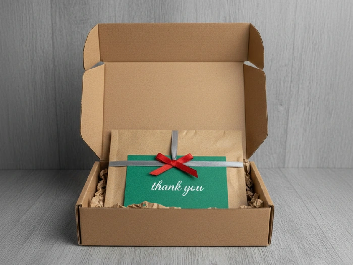 پاکت کرافت درون جعبه کیبوردی و کارت تشکر و روبان 